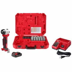 This cable stripper kit is designed for stripping copper cable up to 750 kcmil. It includes 17 bushings and a charger, and is specified for 350 MCM S copper. Suitable for industrial electrical work and heavy cable preparation.