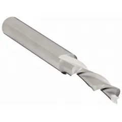 Solid carbide spiral-flute router bit with downcut geometry for wood, plywood, and MDF. Two-flute design with 1/4" cutting diameter and 1" length of cut. Downcut action directs chips downward, minimizing tear-out on top surfaces for clean dadoes, grooves, and edge routing.