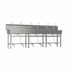 This six-station freestanding wash station is constructed from 16-gauge material with a 117-inch bowl length and 8-inch bowl depth. It features a 0.5 gpm flow rate and does not include a side splash. Suitable for industrial hygiene applications requiring multiple simultaneous handwashing stations.