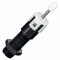 Resin shock absorber with 2.45 N force rating. Used for dampening motion and absorbing impact in light-load industrial equipment such as small actuators, packaging machinery, and automated assembly stations