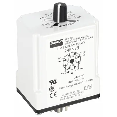 Dayton Single Function Time Delay Relay: Socket Mounted, 240V AC, 10 A, 8 Pins/Terminals - Socket-Mounted Relays