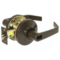 This BEST office lever lockset features a 7KC Contour Angle Return Lever in a Dark Oxidized Satin Bronze, Oil Rubbed Bronze finish. It is ADA compliant and equipped with an interchangeable core for quick rekeying, suitable for commercial interior doors requiring flexible key control