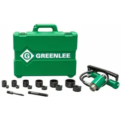 This hydraulic punch driver set includes a hand pump driver and Slug Buster punches and dies in sizes 1/2, 3/4, 1, 1-1/4, 1-1/2, and 2 in, along with draw studs and a plastic carrying case. It is designed for cutting holes in mild steel enclosures and panels, covering a punch range of 1/2 in to 2 in.