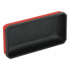 This red plastic bin measures 8 inches wide by 2 inches high by 4 inches long. It features a magnetic back for attachment to steel surfaces, allowing secure storage of small parts, fasteners, or tools. Designed for use with the PACKOUT modular storage system.