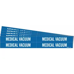 Blue adhesive pipe marker with white legend text reading 'Medical Vacuum'. Fits pipe outer diameters from 3/4 to 2-3/8 inches. Pack includes 4 markers without arrows, sold in a 5-pack quantity. Used for identifying medical vacuum piping systems in healthcare and laboratory settings.