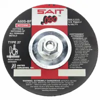 SAIT Depressed Center Cut-Off Wheel: Type 27, 4 1/2" x 0.09" x 5/8"-11, Aluminum Oxide, 60 Grit (MPN 20913)