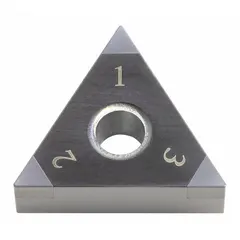 Triangle-shaped indexable turning insert in CBN grade for hard turning of ferrous materials. Suitable for finishing operations on hardened steels and cast irons, offering high wear resistance and thermal stability.