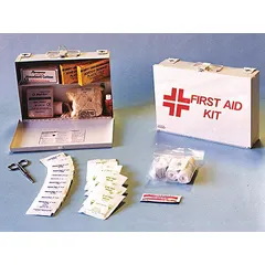 Wall-mountable metal first aid kit in white housing, serving 25 people. Contains 32 adhesive bandages, 12 gauze pads, one PVP bottle, and three ammonia inhalants. Suitable for treating minor injuries in workplaces and facilities.