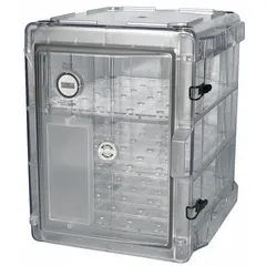 Rectangular non-vacuum desiccator with 1.6 cu ft capacity, constructed of polyester. Includes a lid. Overall width 13 3/8 in. Used for storing moisture-sensitive materials in laboratory and industrial environments.