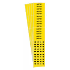 Yellow adhesive pipe markers with black legend text reading 'Overflow' and directional arrows. Each marker fits pipes with an outside diameter of 3/4 inch and smaller. Pack of 5 markers, with 3 pipe markers per pack. Used for identifying overflow lines in industrial piping systems.