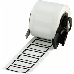 Blank polyester label rolls with black border, white, in sizes 1/2 in x 1 1/8 in and 1 1/8 in x 1/2 in. Halogen-free acrylic adhesive. Compatible with Brady M710 printer (Media Adapter required). Used for on-demand printing of custom legends in industrial identification, cable marking, and asset labeling.