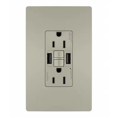 LEGRAND Receptacle: Duplex, 5-15R, 2 USB Ports, USB Type A, Nickel, 125V AC, 15 A - Weather-Resistant Receptacles with USB Chargers