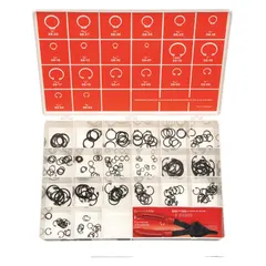 This 221-piece assortment of external retaining rings is made of steel with a black phosphate finish. It includes 20 inch sizes for axial retention of components on shafts in industrial machinery such as gearboxes, pumps, and conveyors.