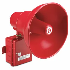 This 30W tone alarm from Federal Signal operates on 24V DC and is designed for hazardous locations. The red unit measures 13 7/8 inches in length by 10 3/16 inches in width. It provides audible warning signals in industrial environments where safety is critical.