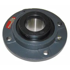 Flange-mount tapered roller bearing with a 4 1/2 in cylindrical bore, cast iron housing, and set screw locking. Mounting bolt size is 3/8 in, overall length 3 1/2 in. Lubricated with NLGI #2 Equivalent grease. Suitable for supporting radial and axial loads on rotating shafts in industrial equipment such as conveyors and material handling systems.