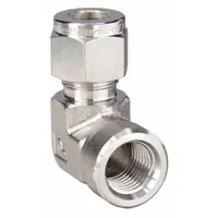 This PARKER double-ferrule stainless steel compression fitting elbow connects 1/2 in OD tubing to a 3/8 in female NPT port. It is used in hydraulic, pneumatic, and instrumentation systems for leak-tight sealing in fluid handling applications