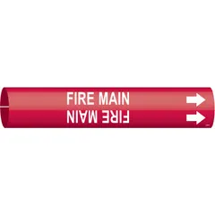 Red pipe marker with white 'Fire Main' legend and directional arrows. Fits pipe outer diameters from 1-1/2 to 2-3/8 inches. Used to identify fire main piping in industrial, commercial, and facility piping systems.