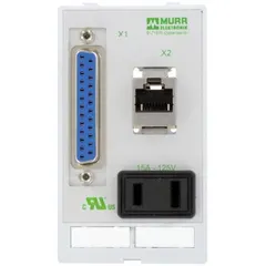 This panel interface insert combines a NEMA 1-15 power socket rated at 125 V AC with one SUB-D25 female-to-male data port. It is used in industrial control cabinets and machinery to provide a single-point connection for both power and serial data signals, simplifying wiring and maintenance.