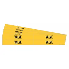 Adhesive pipe marker with yellow background and black legend reading 'Valve'. Designed for pipes with outer diameters from 3/4 to 2-3/8 inches. Pack includes 4 markers without directional arrows. Used to identify valve piping in industrial facilities.