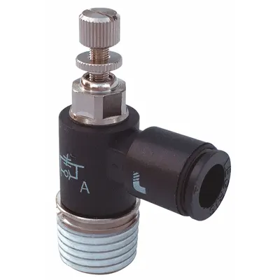 LEGRIS Miniature Flow Control: Elbow Fitting, Screw, 8 mm Valve Body Size, 8 mm Tube - Miniature Elbow-Style Flow Control Valves