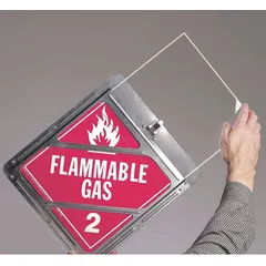 Placard pouch made of polycarbonate, measuring 10 1/2 inches wide by 10 1/2 inches high. Designed to hold and protect hazardous material placards on commercial vehicles, shielding them from weather and road debris.