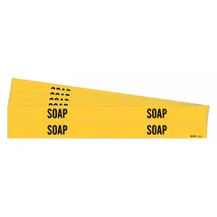 Yellow adhesive pipe markers with black legend reading 'Soap', designed for pipes with outer diameter 3/4 to 2-3/8 inches. Each pack contains 4 markers without arrows, supplied in a 5-pack quantity. Used to identify pipes carrying soap in industrial piping systems.