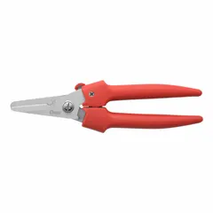 Spring-assisted shears with straight, pointed stainless steel blades and a red handle. Overall length of 7 1/2 inches. Suitable for cutting branches and general pruning tasks.