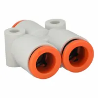 Polybutylene terephthalate push-fit wye fitting with three 5/16 in OD ports. Used to branch tubing lines in pneumatic systems, such as automated machinery and industrial air distribution networks