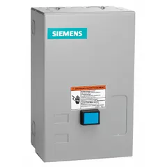 This enclosed non-reversing starter with electronic overloads is rated 27 A, NEMA Size 1, with 3 poles. It includes a pilot light, one normally open auxiliary contact, and screw terminals. The dual-voltage coil operates at 110-120 or 220-240V AC. Suitable for starting and protecting three-phase AC motors in applications such as conveyors, pumps, fans, and compressors.
