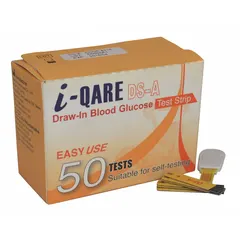 Plastic blood glucose test strips for use with compatible meters. Each strip measures 35 mm high, 7 mm long, and 0.35 mm wide. Provides a 6-second blood test time. Pack of 50 strips.