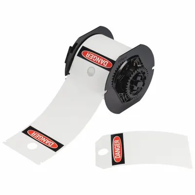 BRADY Pre-Cut Label Stock Roll: Danger, 5 3/4 in x 3 1/4 in, Polyester, White - Brady Danger Tags on Roll