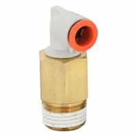 This SMC push-to-connect elbow fitting is made of brass with a white finish. It connects 3/8 in OD tubing to a 1/2 in male NPT port, providing a secure, tool-free joint in pneumatic systems