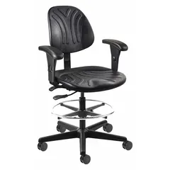 This BEVCO drafting chair features a black nylon frame with adjustable arms and a tilting back. Seat width is 19 1/4 in and seat depth is 17 1/2 in. Suitable for use at drafting tables, workbenches, or standing-height workstations where ergonomic support is needed.