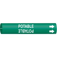Snap-on pipe marker for identifying potable water lines. Green background with white legend and directional arrows. Fits pipe outer diameters from 1-1/2 to 2-3/8 inches. Single marker included.
