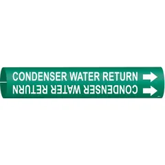 Snap-on pipe marker for identifying condenser water return lines. Green background with white legend text and directional arrows. Fits pipe outer diameters from 3/4 to 1-3/8 inches. Suitable for HVAC and industrial piping systems requiring clear pipe identification.