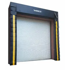 Dock seal with wood frame and nylon-reinforced vinyl cover, designed to seal the gap between a loading dock and a truck during loading and unloading. Fits dock openings 9 ft wide by 8 ft high, with 20 in projection depth. Includes wear pleats and mounting hardware.