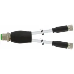 M12 male straight to two M8 female straight Y-distributor cordset with gray PVC jacket, 10 m cable length, 0.25 sq mm wire size, and IP67 rating. Suitable for splitting a single sensor or actuator signal to two devices in industrial automation, packaging, and material handling systems where flexing is required.