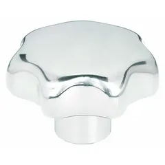 This 7-arm knob is made of polished stainless steel for corrosion resistance. It has a 40 mm diameter and a threaded hole with 5/16"-18 thread and 15 mm thread length. Used for manual clamping, positioning, and adjustment on industrial machinery.
