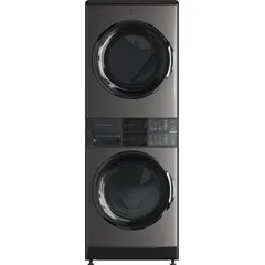 Stacked washer-dryer unit combining washing and drying in a single footprint. Electric-powered with a stainless steel drum and 4.5 cu ft washer capacity. Suitable for residential or light commercial laundry applications where space saving is required.