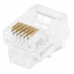 Clear RJ12 modular connector for terminating stranded flat cable in duplex fiber configurations. Suitable for voice and low-speed data connections. Pack of 50.