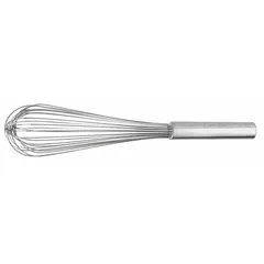 This whisk features an 18-inch overall length and a stainless steel handle with a silver finish. It is designed for mixing, blending, and aerating ingredients in commercial or home kitchens. Not dishwasher safe and not NSF certified.