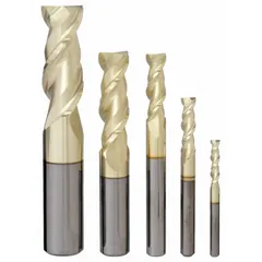 This 5-piece set of solid carbide end mills features a corner-radius geometry and ZrN coating, designed for machining nonferrous materials such as aluminum and brass. The 2-flute design and corner-radius profile reduce chipping and improve surface finish in profiling and slotting operations.