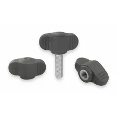 Wing knob with threaded stud for manual clamping and adjustment on machinery, jigs, and fixtures. Plastic body with stainless steel M8 thread, 25 mm thread length, 28 mm diameter. Wing design enables hand tightening without tools.