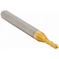 This general purpose carbide ball end mill features a titanium nitride (TiN) coating for wear resistance. With a 1/16" mill diameter, 1/4" length of cut, and 1-1/2" overall length, it has 3 flutes. Suitable for contouring, slotting, and profiling in metalworking applications, it creates smooth, rounded-bottom channels and 3D shapes in materials such as steel and aluminum.