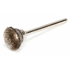 Crimped stainless steel fill brush for light cleaning and surface finishing on stainless steel. Prevents contamination and corrosion. Suitable for weld cleaning, deburring, and surface preparation in metal fabrication and maintenance. Brush diameter 5/8 in, shank 1/8 in, fill length 1/4 in.