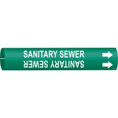 Snap-on pipe marker for identifying sanitary sewer lines. Green background with white legend text reading 'Sanitary Sewer' and directional arrows. Fits pipe outer diameters from 3/4 to 1-3/8 inches. Suitable for use in industrial and commercial piping systems to indicate pipe contents.
