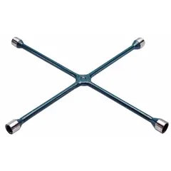 This 4-way cross lug wrench features four 6-point SAE wrench head sizes: 3/4 in, 13/16 in, 7/8 in, and 15/16 in. Designed for light duty trucks and standard lug nuts, it has an electrostatic paint finish and does not include a leverage bar hole. Suitable for removing and installing lug nuts during tire changes and vehicle maintenance.