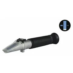 Analog handheld refractometer for measuring Brix concentration in liquids. Covers 0% to 32% Brix with +/-0.2% accuracy and 0.2% Brix resolution. Features manual temperature compensation. Overall depth 7 1/2 inches. Suitable for food and beverage quality control, agriculture, and industrial fluid monitoring.
