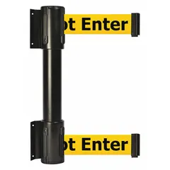 This wall-mount retractable belt barrier features a 13 ft yellow belt with black caution messaging and a black frame. It is designed for permanent installation in areas requiring visual warnings, such as cordoning off hazardous zones or guiding pedestrian traffic.