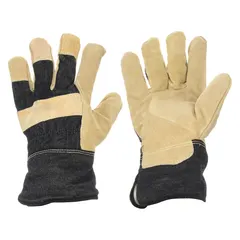 Full-finger work gloves with a cowhide palm for abrasion resistance. Canvas back and nylon liner provide breathability and comfort. Safety cuff design. Suitable for general industrial handling, material movement, and light assembly tasks.